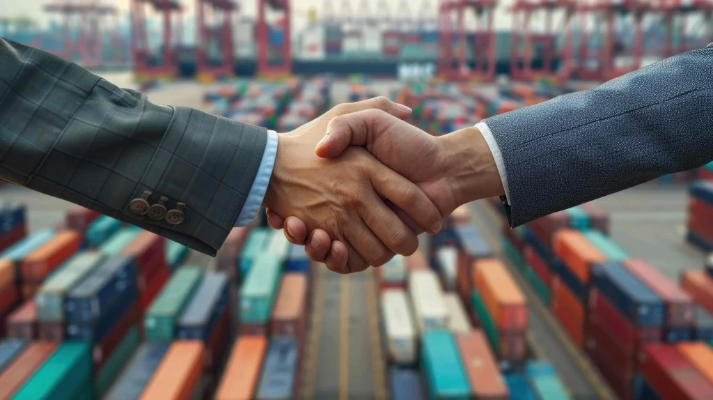 freight forwarding service partnership of 2 people shaking hands